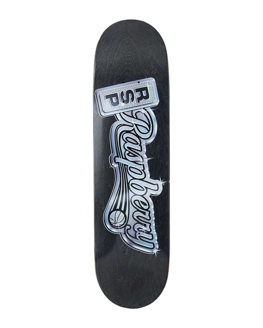 GV Gallery Ballers Skateboard black, black skateboard deck with a chrome Raspberry script logo and basketball graphic, top view