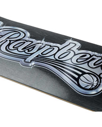 GV Gallery Ballers Skateboard black, close-up of the chrome Raspberry script graphic on the deck