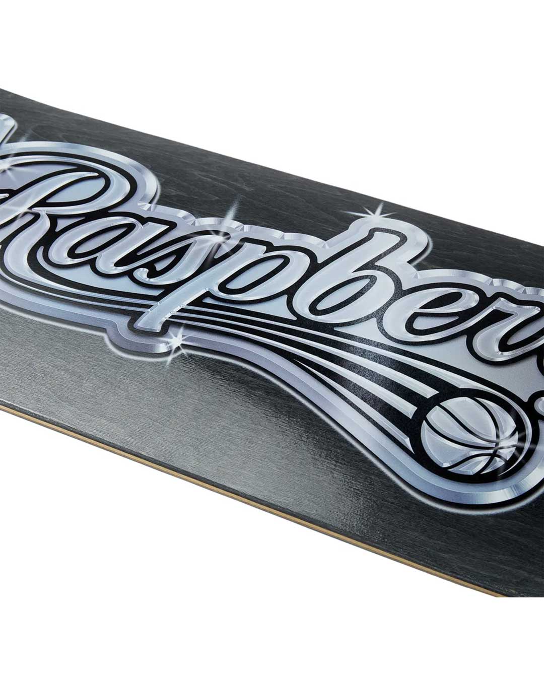 GV Gallery Ballers Skateboard black, close-up of the chrome Raspberry script graphic on the deck