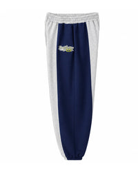 GV Gallery Bench Warmer Sweatpants grey, angled view of the navy center panel and embroidered logo