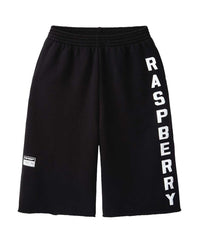 GV Gallery Berry Cutoff Shorts black, black fleece shorts with a white RASPBERRY leg print and raw hem, front view
