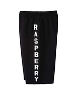 GV Gallery Berry Cutoff Shorts black, side view showing the full RASPBERRY leg wordmark