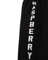 GV Gallery Berry Cutoff Shorts black, close-up of the white RASPBERRY leg print on the fleece