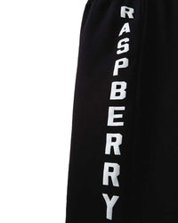 GV Gallery Berry Cutoff Shorts black, close-up of the white RASPBERRY leg print on the fleece