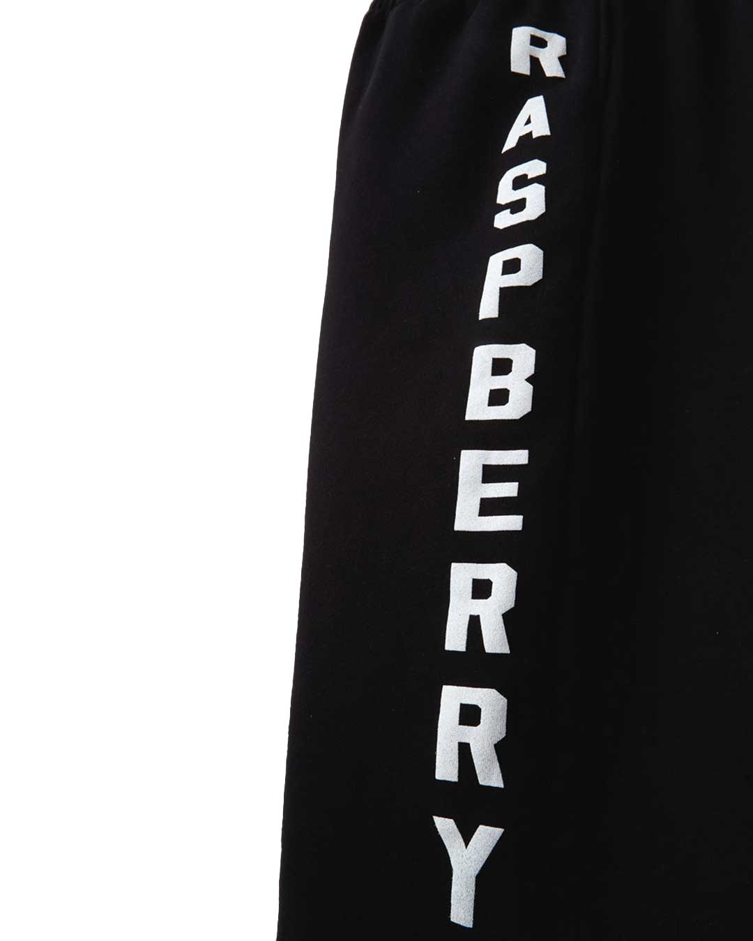 GV Gallery Berry Cutoff Shorts black, close-up of the white RASPBERRY leg print on the fleece