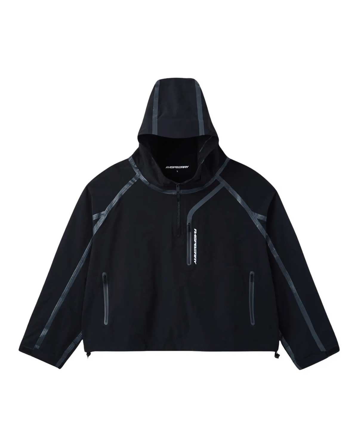 GV Gallery Berry Tech Jacket black, hooded half-zip technical anorak with grey taped seams and Raspberry chest branding, front view