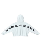 GV Gallery Blonde Hoodie white, hood and back view with RASPBERRY lettering arched across the shoulders