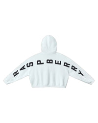 GV Gallery Blonde Hoodie white, hood and back view with RASPBERRY lettering arched across the shoulders