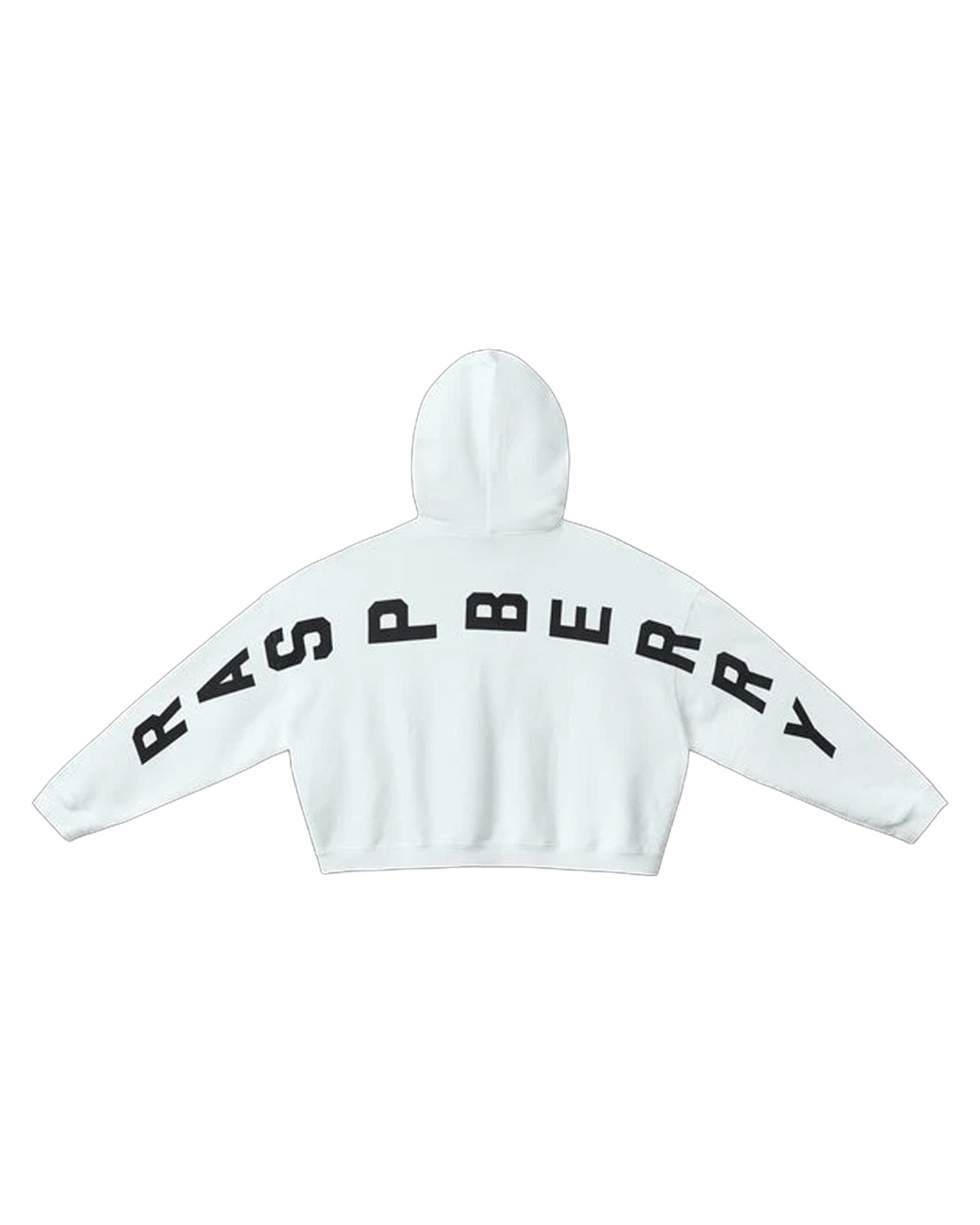 GV Gallery Blonde Hoodie white, hood and back view with RASPBERRY lettering arched across the shoulders