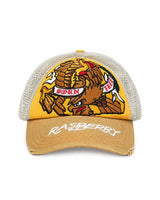 GV Gallery Born Free trucker hat yellow, front view with eagle patch and Raspberry script