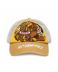 GV Gallery Born Free trucker hat yellow, front view with eagle patch and Raspberry script
