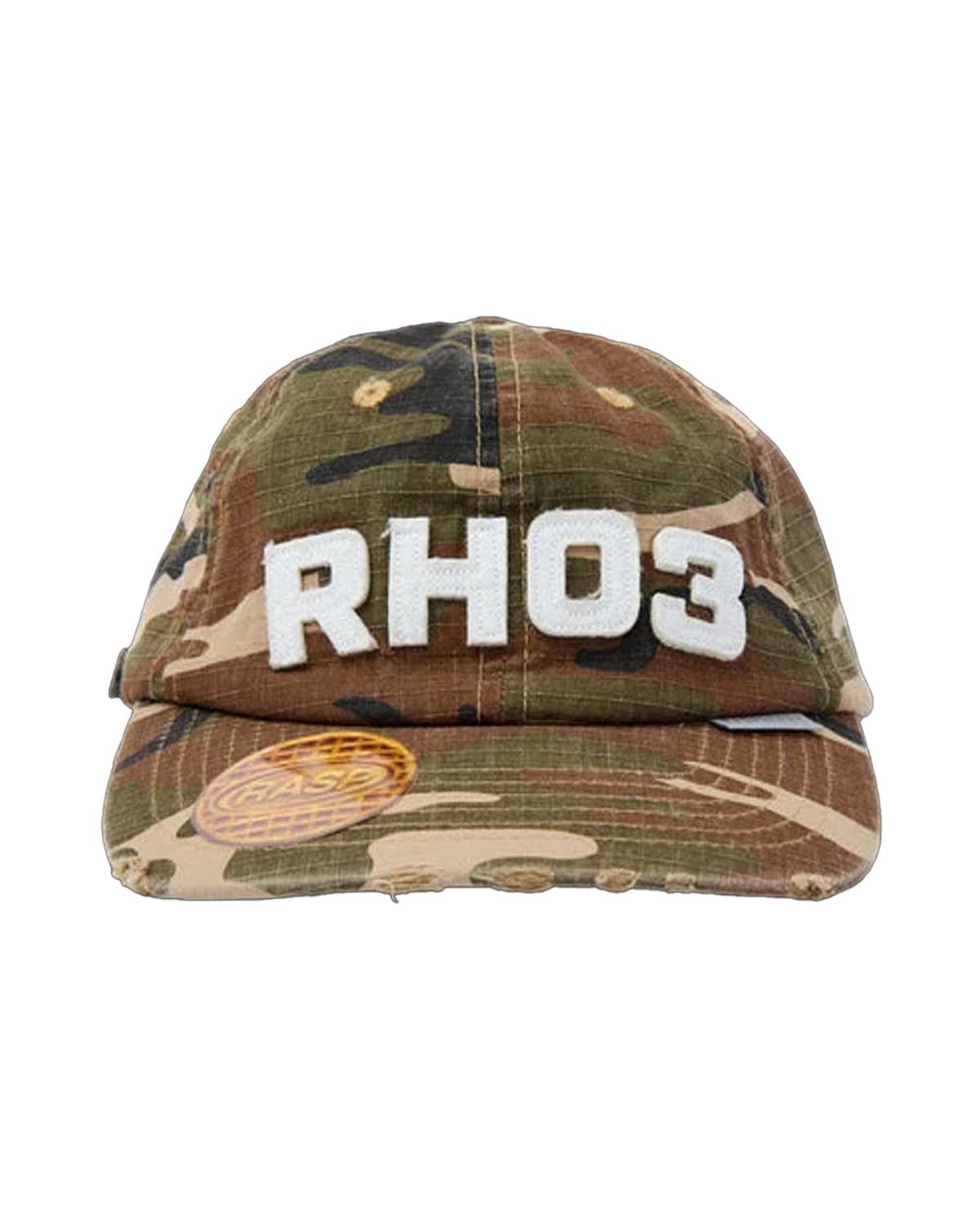 GV Gallery Breakfast Hat camo, front view with raised white RH03 logo