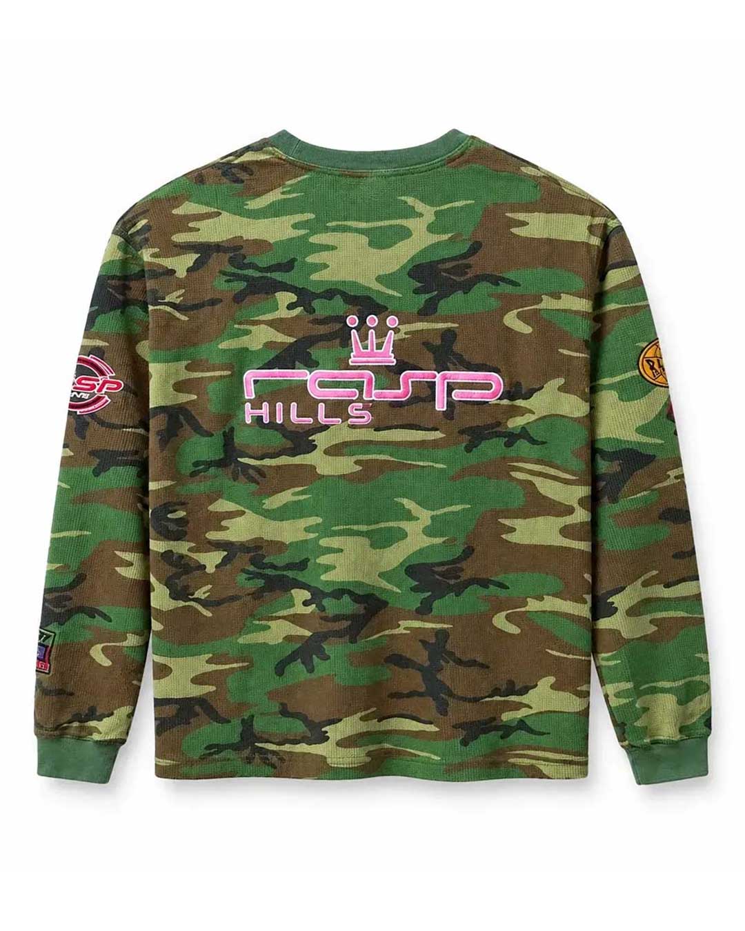 GV Gallery Camo L/S Thermal, pink Raspberry Hills logo across the back, back view