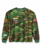 GV Gallery Camo L/S Thermal, woodland camo waffle-knit long sleeve with embroidered racing-style patches, front view
