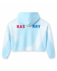 GV Gallery Czech Hoodie light blue, large red and blue Raspberry lettering across the back, back view