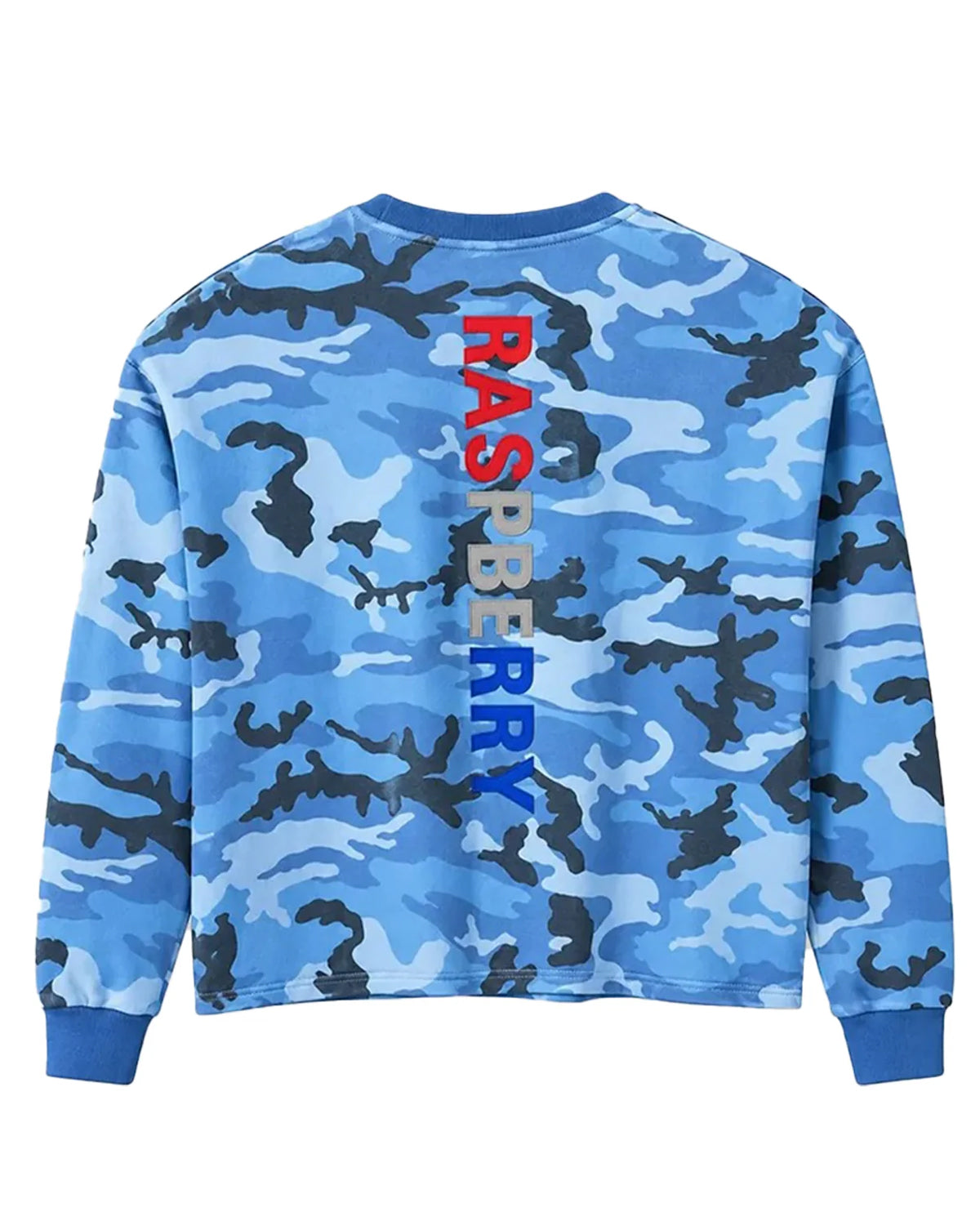 GV Gallery D Bacon Thermal L/S Tee blue, camo long sleeve with vertical red and blue lettering down the back, back view
