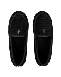 GV Gallery Deebo Slippers black, top-down view of the pair showing the embroidered GV monogram at the vamp
