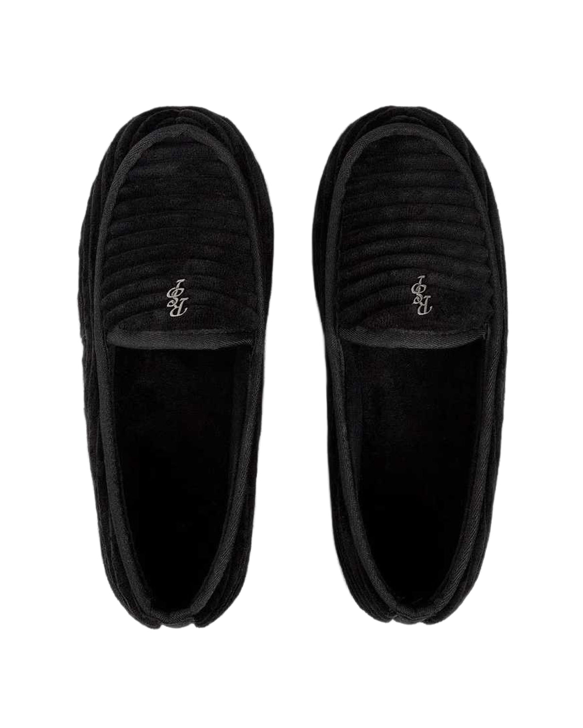 GV Gallery Deebo Slippers black, top-down view of the pair showing the embroidered GV monogram at the vamp