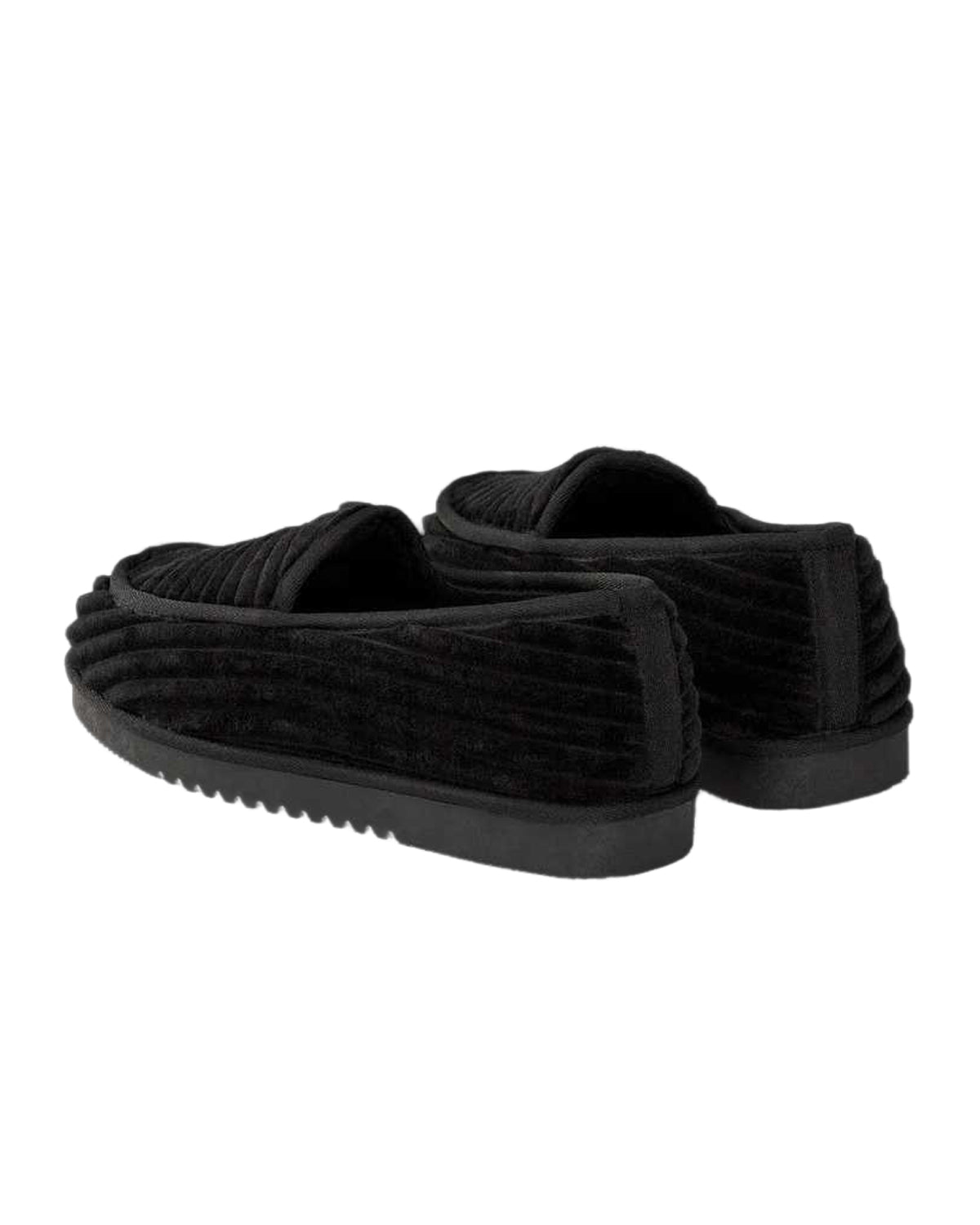 GV Gallery Deebo Slippers black, rear three-quarter view of the pair showing the corduroy ribbing across the heel