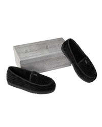 GV Gallery Deebo Slippers black, pair shown alongside the branded GV Gallery box