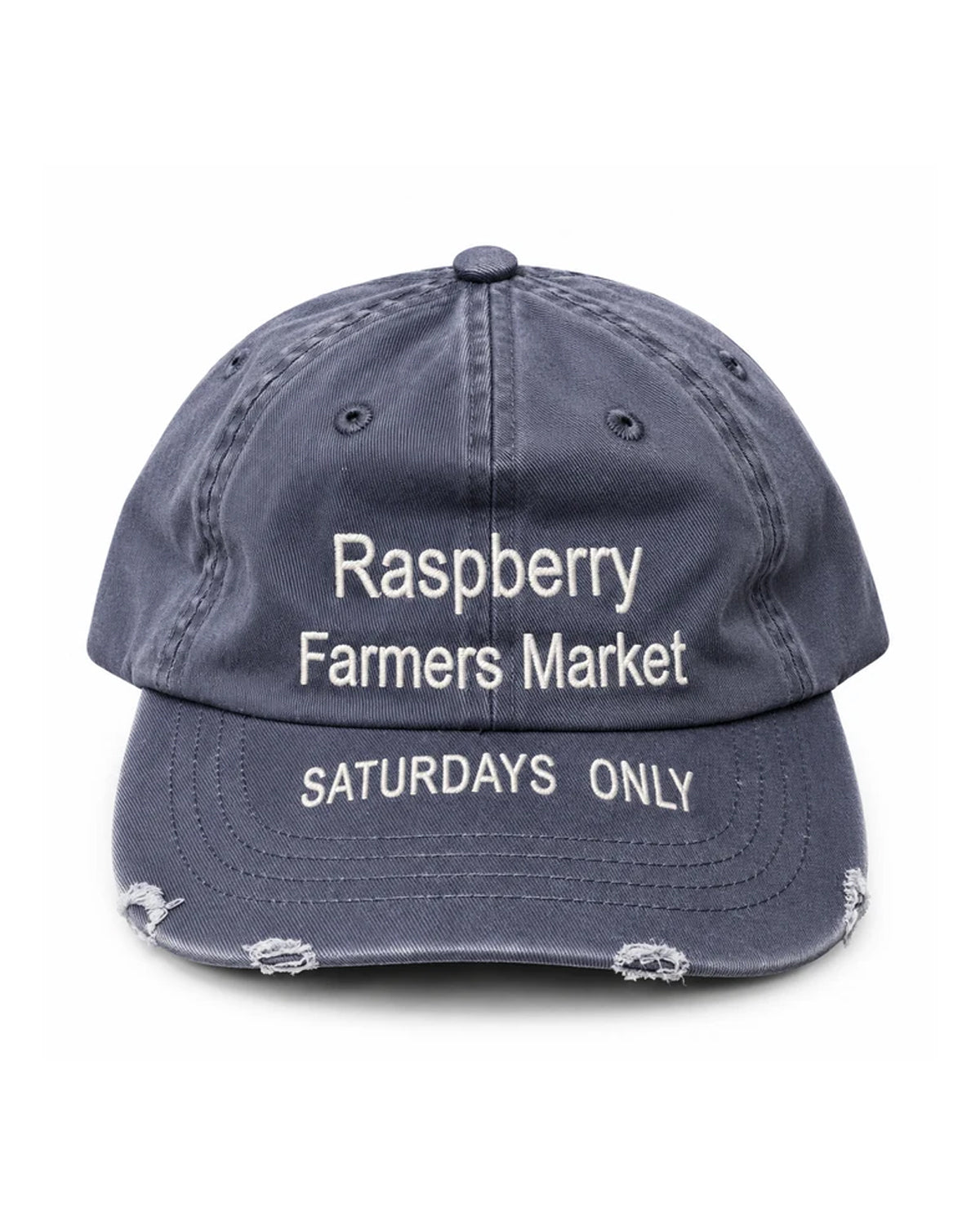 GV Gallery Farmers Market Hat navy, distressed dad cap embroidered Raspberry Farmers Market Saturdays Only, front view