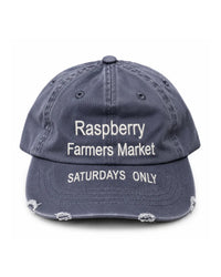 GV Gallery Farmers Market Hat navy, distressed dad cap embroidered Raspberry Farmers Market Saturdays Only, front view