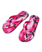 GV Gallery Pink Camo Flip Flops pink, camo rubber thong sandal with Raspberry logo strap, angled view