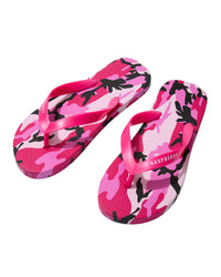 GV Gallery Pink Camo Flip Flops pink, camo rubber thong sandal with Raspberry logo strap, angled view