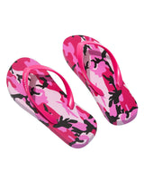 GV Gallery Pink Camo Flip Flops pink, camo rubber thong sandal with Raspberry logo strap, angled view