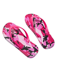 GV Gallery Pink Camo Flip Flops pink, camo rubber thong sandal with Raspberry logo strap, angled view