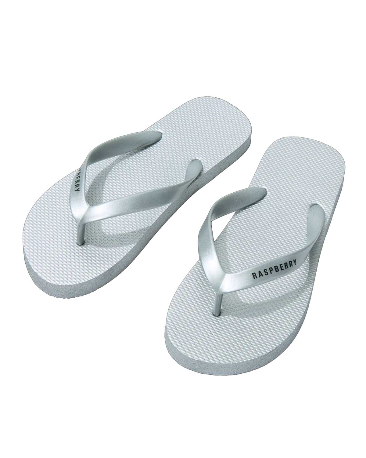 GV Gallery Platinum Flip Flops silver, rubber thong sandal with Raspberry logo strap, angled view
