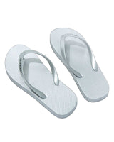 GV Gallery Platinum Flip Flops silver, rubber thong sandal with Raspberry logo strap, angled view