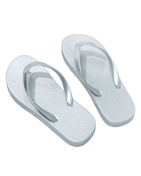 GV Gallery Platinum Flip Flops silver, rubber thong sandal with Raspberry logo strap, angled view