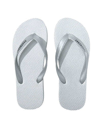 GV Gallery Platinum Flip Flops silver, white footbed with silver Raspberry logo strap, top view