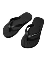 GV Gallery Pro Flip Flops black, matte black rubber thong sandal with white Raspberry logo strap, angled view
