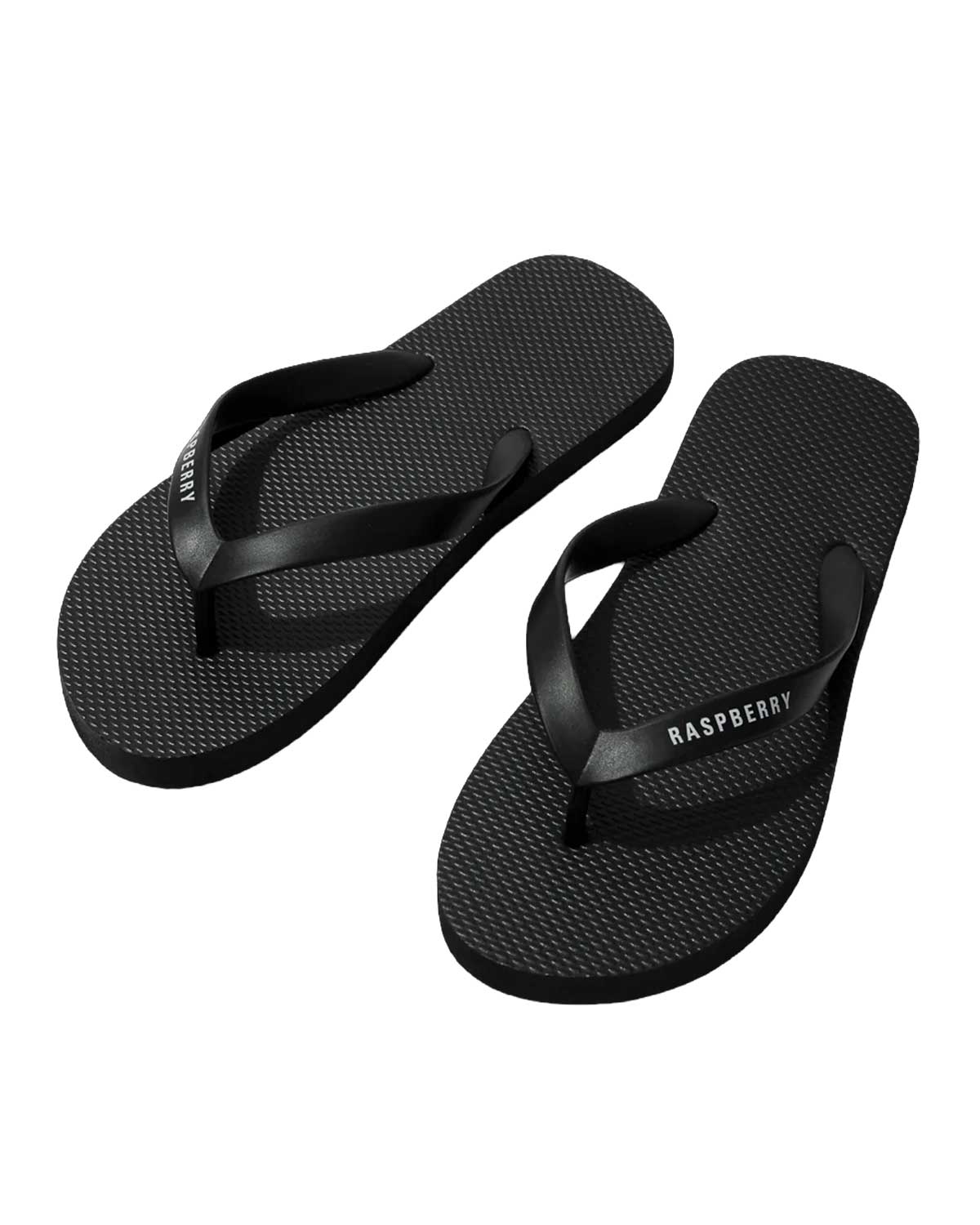 GV Gallery Pro Flip Flops black, matte black rubber thong sandal with white Raspberry logo strap, angled view