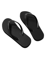 GV Gallery Pro Flip Flops black, matte black rubber thong sandal with white Raspberry logo strap, angled view