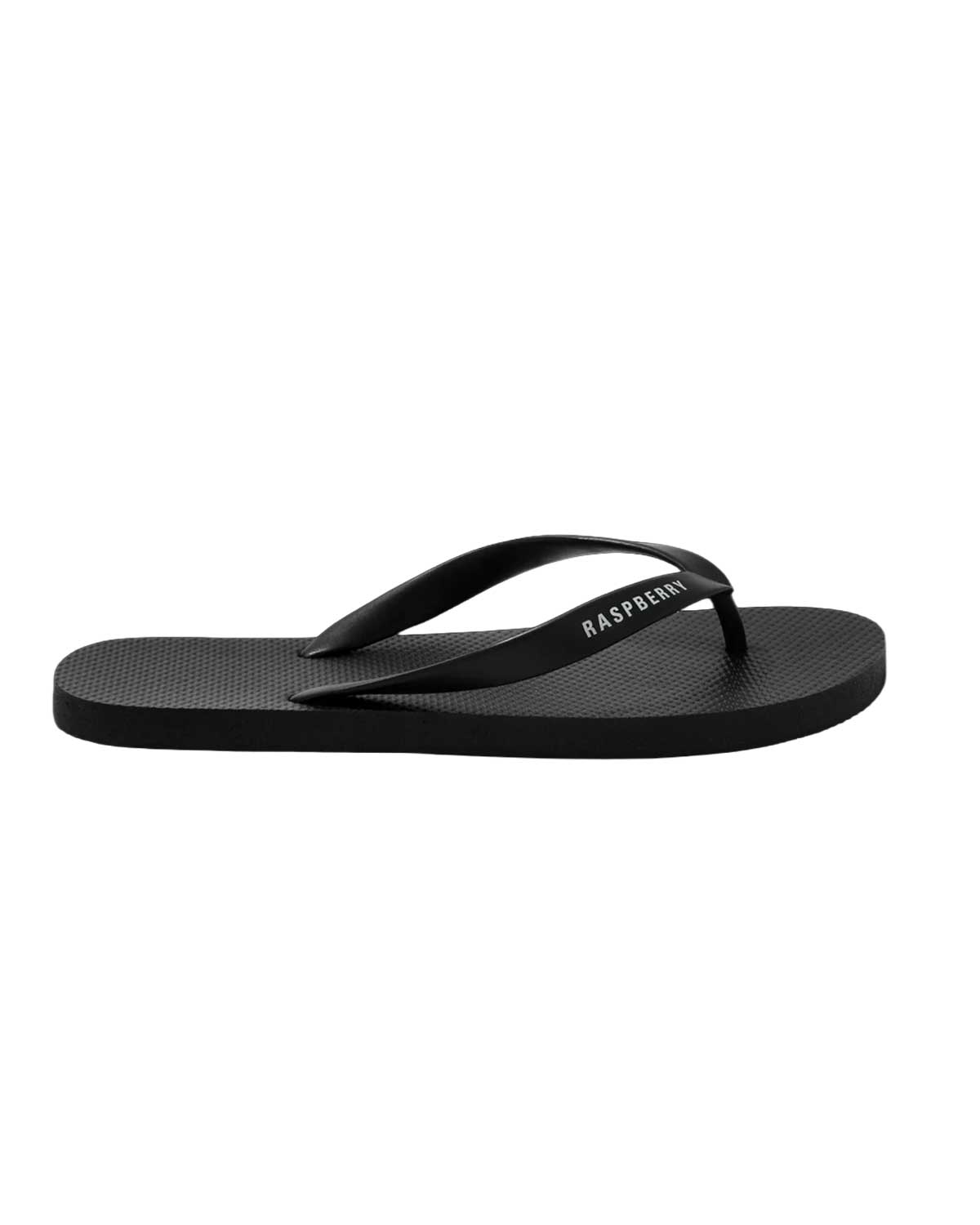 GV Gallery Pro Flip Flops black, matte black rubber thong sandal with white Raspberry logo strap, side view