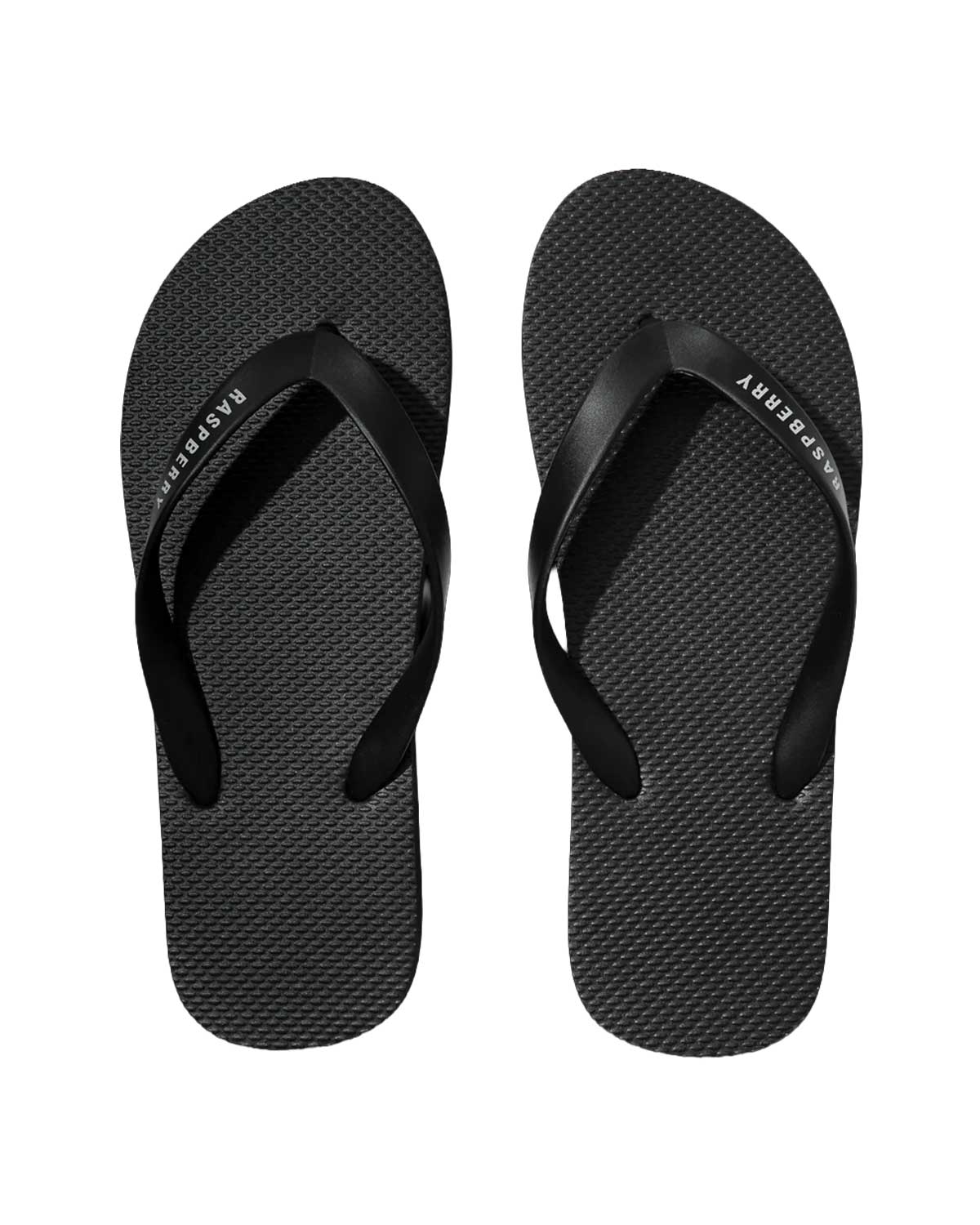 GV Gallery Pro Flip Flops black, textured footbed with white Raspberry logo strap, top view