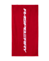 GV Gallery RH Towel red, front view with vertical white Raspberry logo