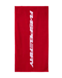 GV Gallery RH Towel red, front view with vertical white Raspberry logo