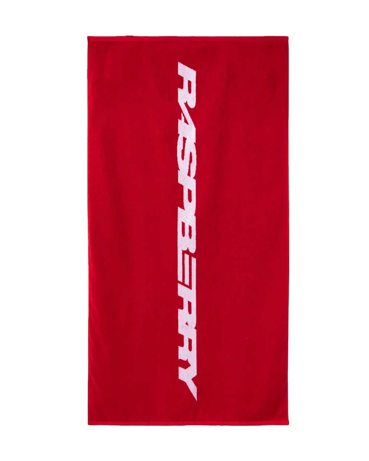 GV Gallery RH Towel red, front view with vertical white Raspberry logo