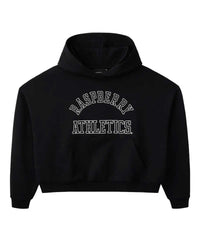 GV Gallery Raspberry Athletics Hoodie black, fleece hoodie with a collegiate Raspberry Athletics chest print, front view