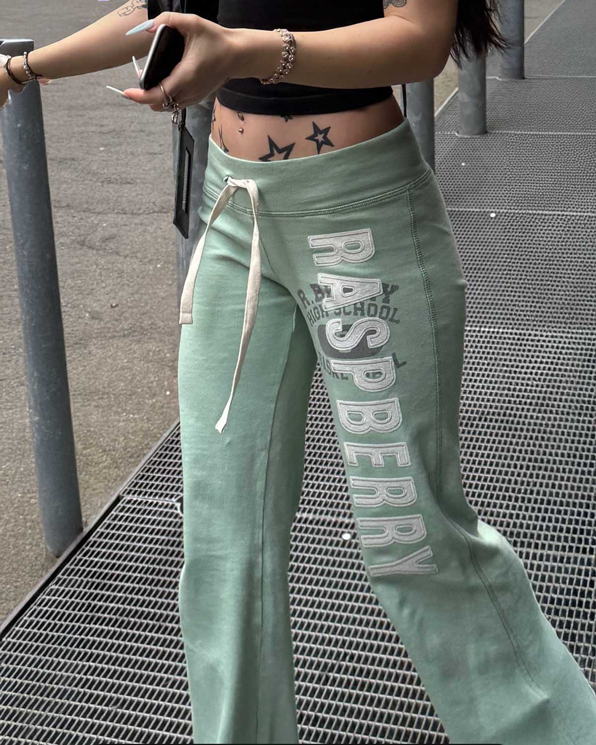 GV Gallery Seafoam Women's Sweatpants teal on a model, full-length outdoor view