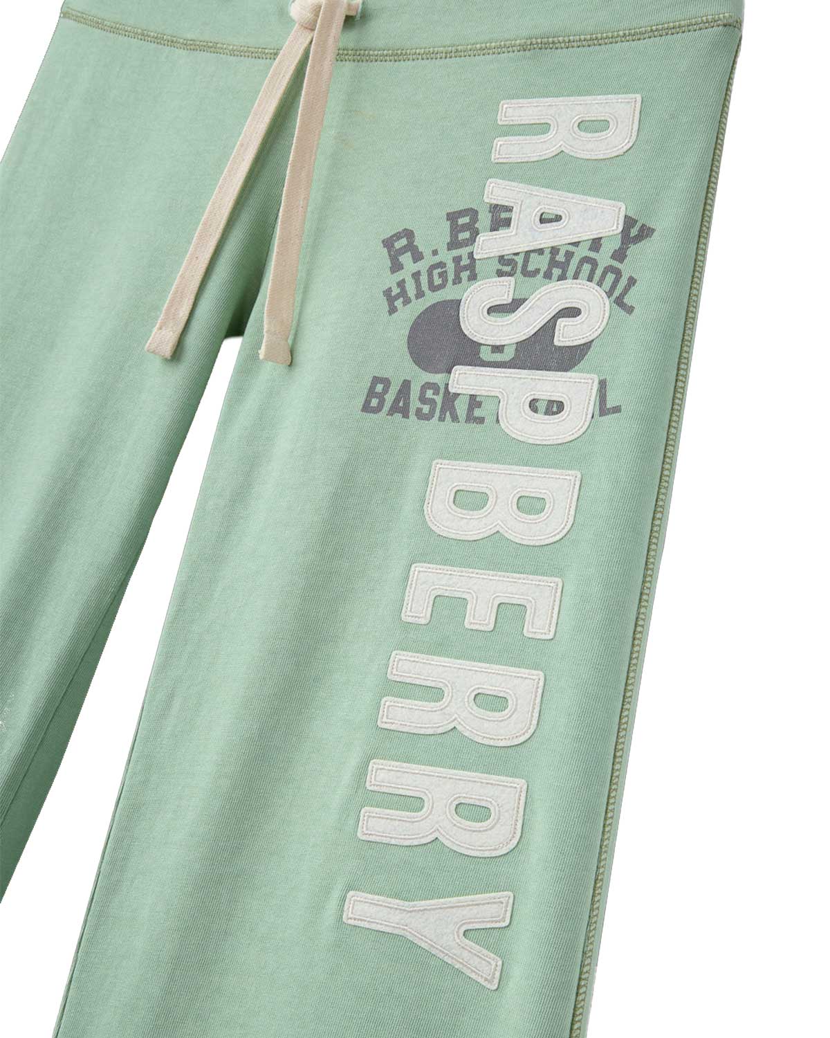 GV Gallery Seafoam Women's Sweatpants teal, close-up of the Raspberry and R.B. High School Basketball leg print