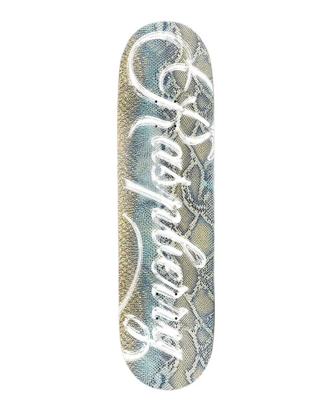GV Gallery Snakeskin Skateboard, grey snakeskin-print skateboard deck with white Raspberry script logo, top view