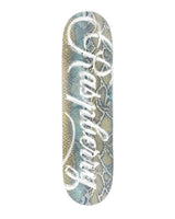 GV Gallery Snakeskin Skateboard, grey snakeskin-print skateboard deck with white Raspberry script logo, top view