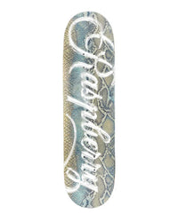 GV Gallery Snakeskin Skateboard, grey snakeskin-print skateboard deck with white Raspberry script logo, top view