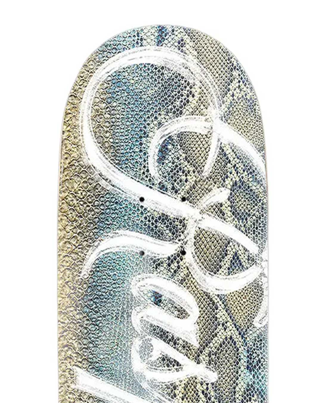 GV Gallery Snakeskin Skateboard, close-up of the snakeskin print and white script lettering