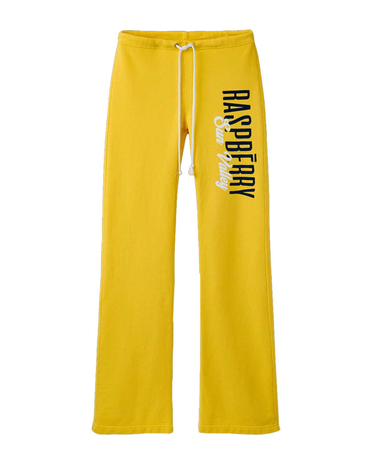 GV Gallery Sun Valley Women's Sweatpants yellow, golden yellow fleece sweatpants with a navy Raspberry leg print, front view
